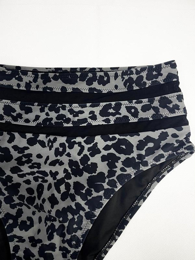 Two-Piece Set Women'S Bikini Set, Solid Color Swim Top & Leopard Print Swim Bottom, Two-Piece Swimsuit for Beach Holiday Vacation