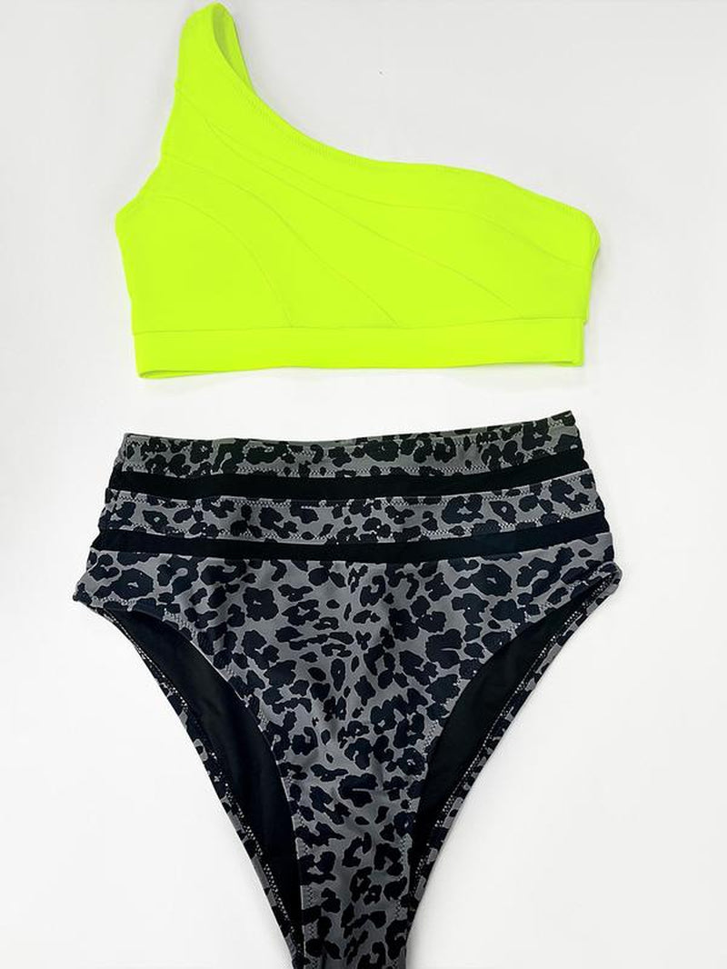 Two-Piece Set Women'S Bikini Set, Solid Color Swim Top & Leopard Print Swim Bottom, Two-Piece Swimsuit for Beach Holiday Vacation