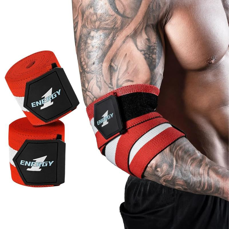 Kcross Elbow Wraps for Weightlifting, 47" Strengthening Support Elbow Sleeve Weightlifting (1 Pair) for Powerlifting, Bench Press, Gym Workout (Red White Striped)