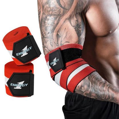 Kcross Elbow Wraps for Weightlifting, 47" Strengthening Support Elbow Sleeve Weightlifting (1 Pair) for Powerlifting, Bench Press, Gym Workout (Red White Striped)