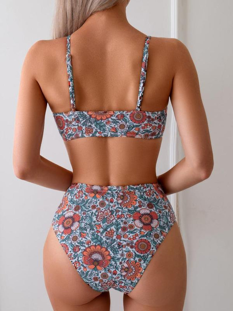 Two-Piece Set Women'S Floral Print Bikini Set, Casual Fashion Chic Swimsuit Set for Beach Holiday Vacation, Ladies Swimwear for All Seasons