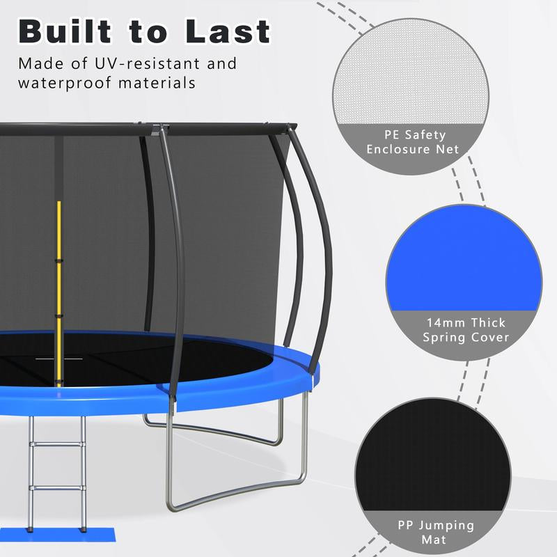 Outdoor Trampoline ,10FT/12FT/14FT/16FT Trampoline with Safety Enclosure and Ladder, ASTM Certified Family/Children'S/Adult Recreational Trampoline with Stakes/Secure Straps/Safety Enclosure, 360 All-Sround Seamless Safety Design