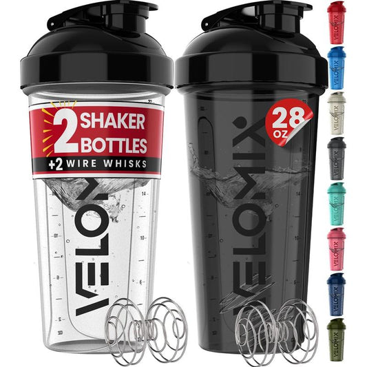 -2 Pack- 28 Oz Protein Shaker Bottles for Protein Mixes - 2X Wire Whisk | Leak Proof Shaker Cups for Protein Shakes | Protein Shaker Bottle Pack | Shakers for Protein Shakes-Black&Transparent VELOMIX
