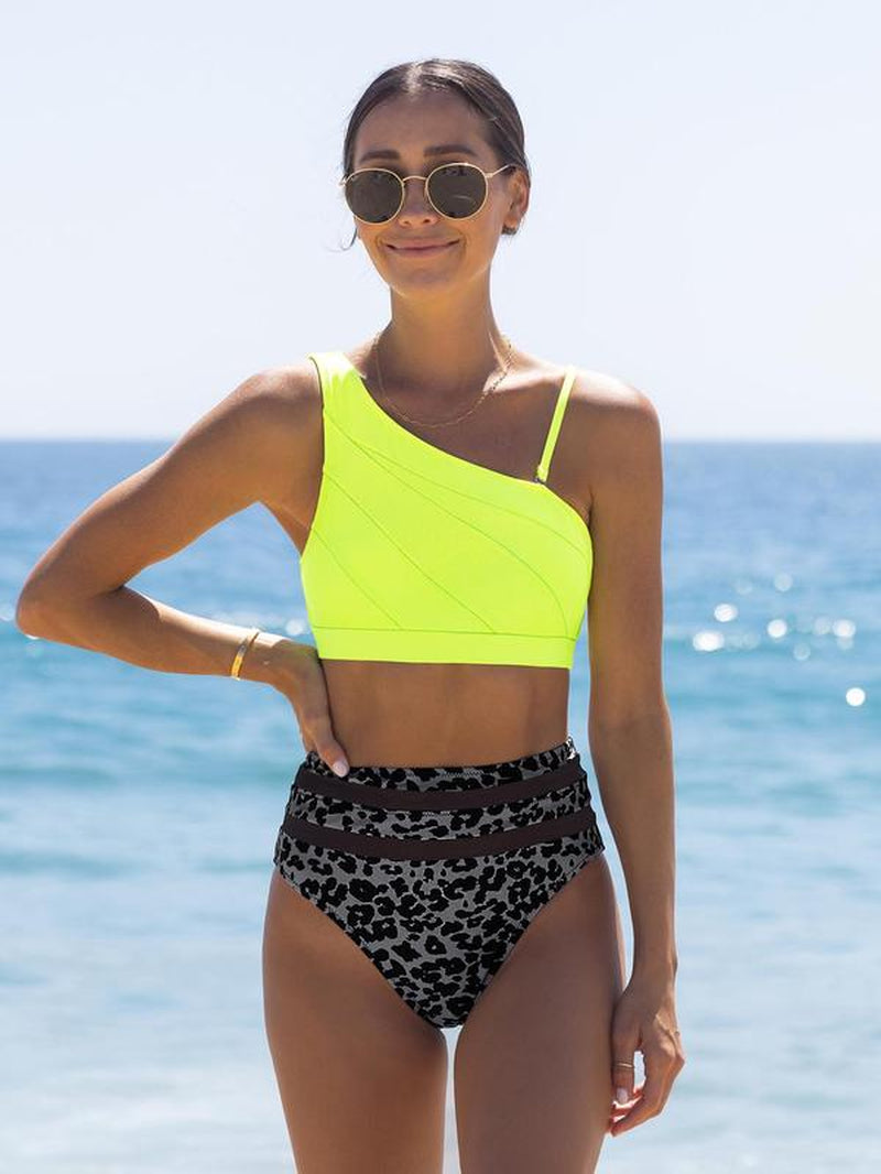 Two-Piece Set Women'S Bikini Set, Solid Color Swim Top & Leopard Print Swim Bottom, Two-Piece Swimsuit for Beach Holiday Vacation