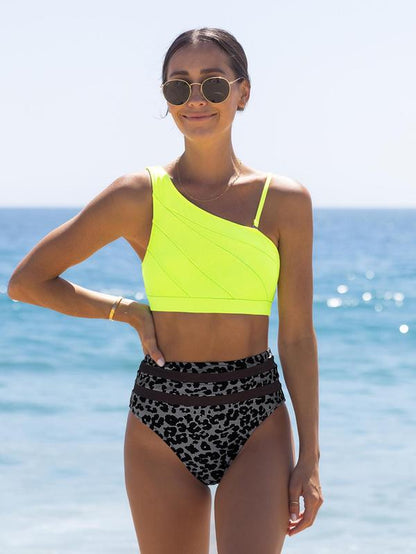 Two-Piece Set Women'S Bikini Set, Solid Color Swim Top & Leopard Print Swim Bottom, Two-Piece Swimsuit for Beach Holiday Vacation