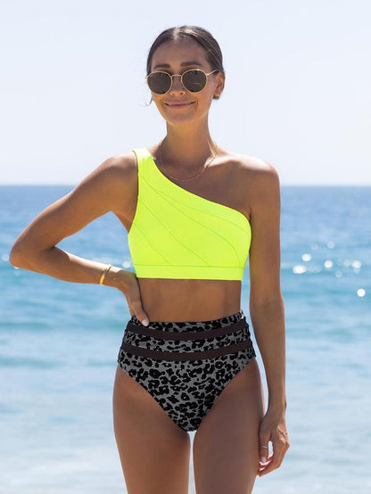 Two-Piece Set Women'S Bikini Set, Solid Color Swim Top & Leopard Print Swim Bottom, Two-Piece Swimsuit for Beach Holiday Vacation