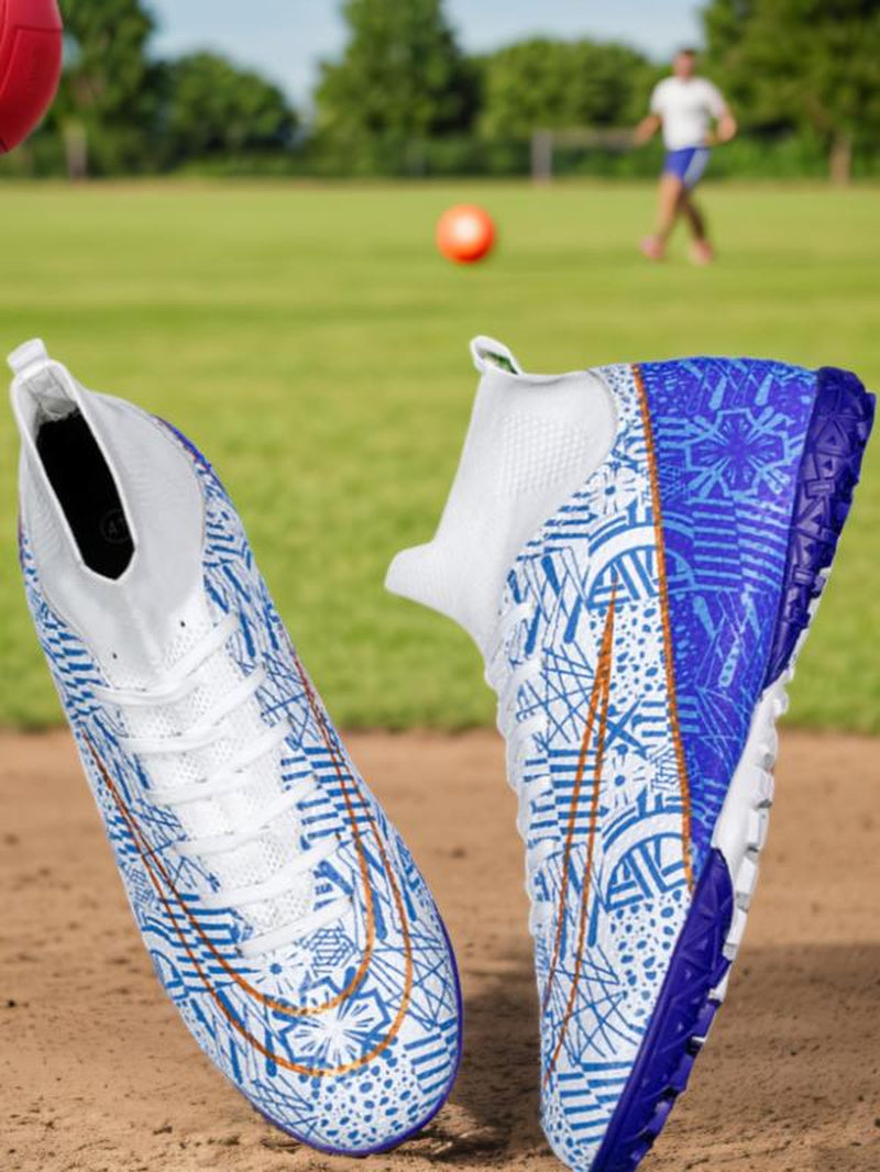 Men'S All over Print Lace up Soccer Shoes, Breathable Comfortable High Top Football Shoes, Professional Training Shoes for Outdoor Sports