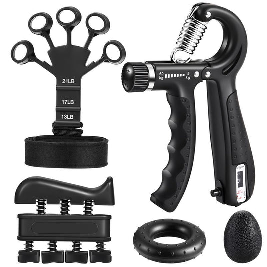 Grip Strength Trainer Kit (5 Pack), Including Finger Exerciser, Hand Grip Strengthener, Hand Extension, Stress Relief Ball, and Forearm Workout Ring