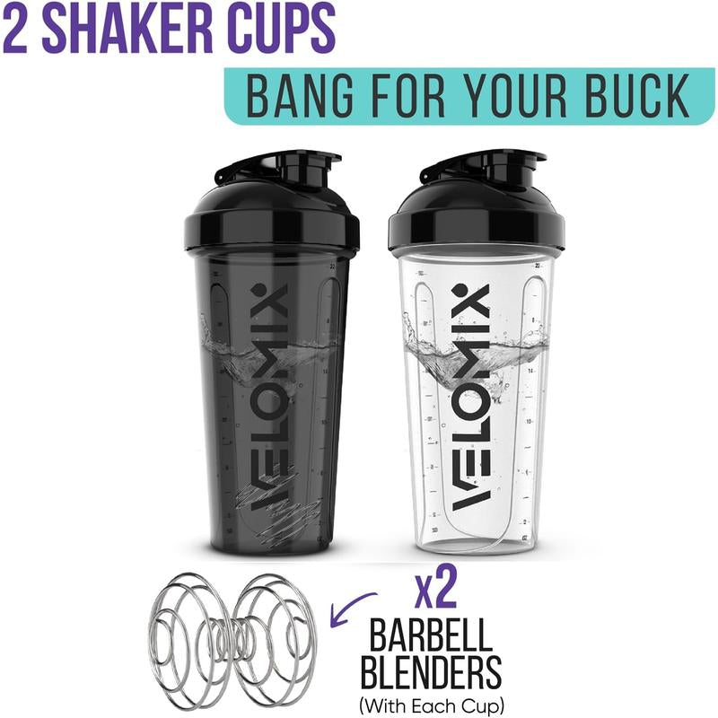-2 Pack- 28 Oz Protein Shaker Bottles for Protein Mixes - 2X Wire Whisk | Leak Proof Shaker Cups for Protein Shakes | Protein Shaker Bottle Pack | Shakers for Protein Shakes-Black&Transparent VELOMIX