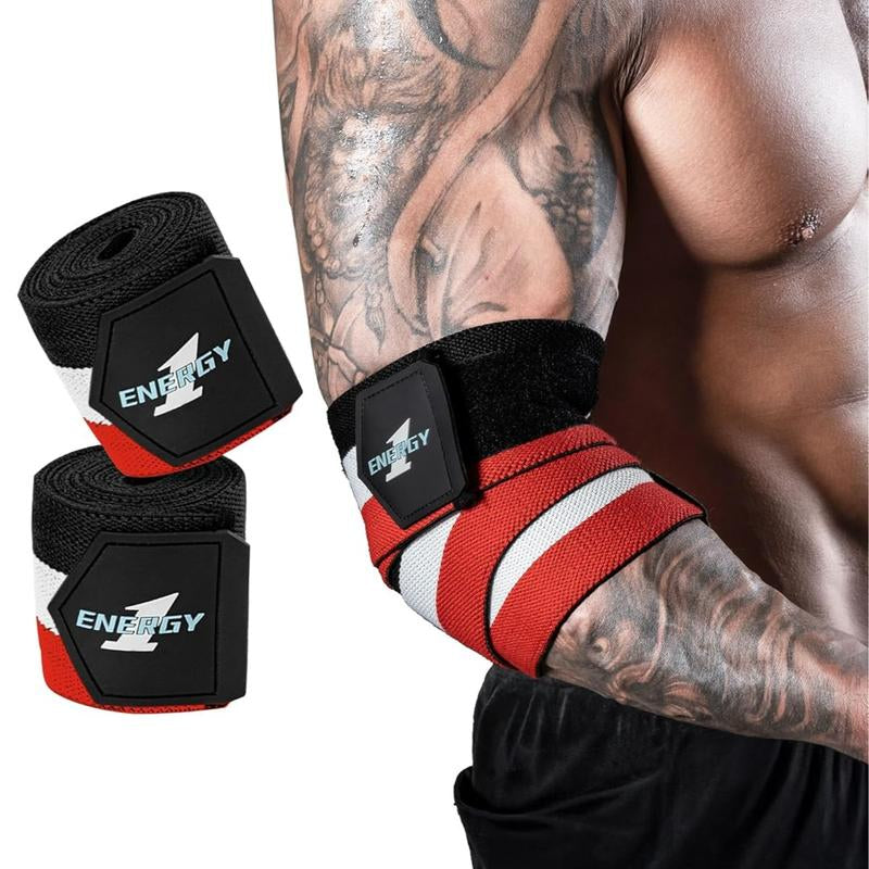 Kcross Elbow Wraps for Weightlifting, 47" Strengthening Support Elbow Sleeve Weightlifting (1 Pair) for Powerlifting, Bench Press, Gym Workout (Red White Striped)