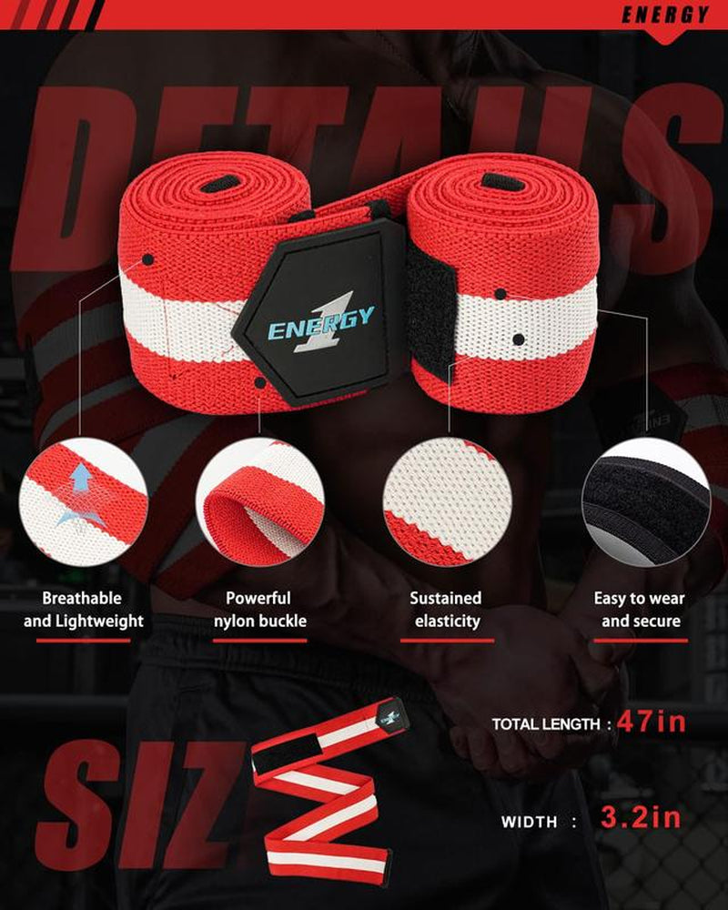 Kcross Elbow Wraps for Weightlifting, 47" Strengthening Support Elbow Sleeve Weightlifting (1 Pair) for Powerlifting, Bench Press, Gym Workout (Red White Striped)